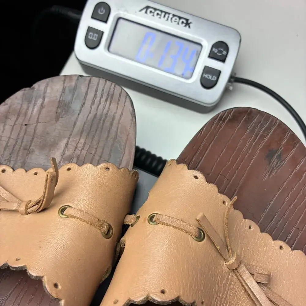 No Boundaries Wood Clog Slide Heel Sandals 10 Tan Leather Scalloped Edge Cutout